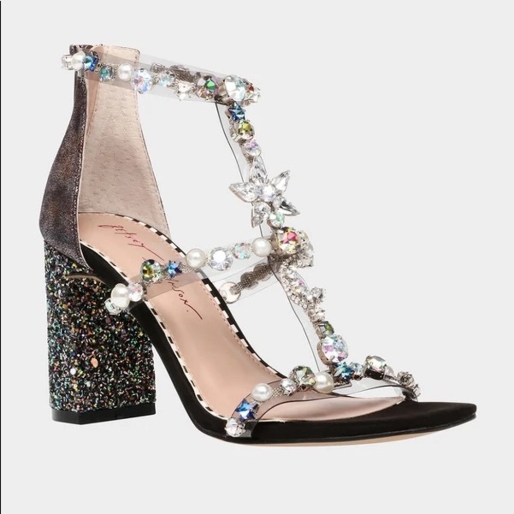 Betsey Johnson Astridd Women's Black Multi Strappy Rhinestone Block Heel size 8